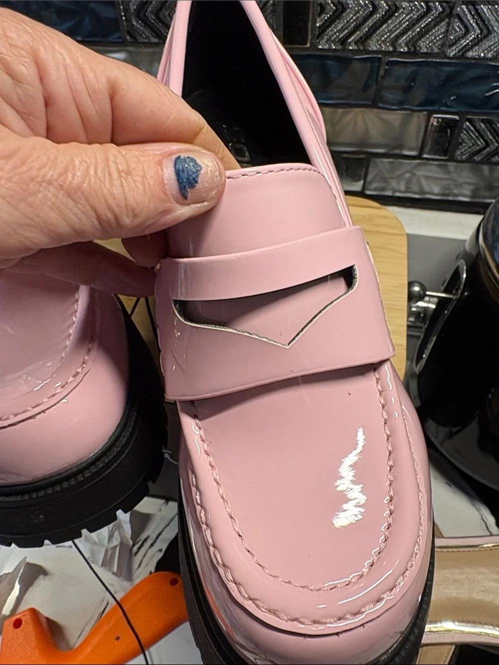 Soda Pink Patent Platform Loafers with Black Lug Sole